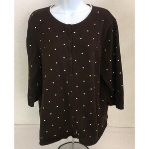 CJ Banks Cardigan Sweater Size 1X Brown w White Polka Dots Button Up 3/4 Sleeves